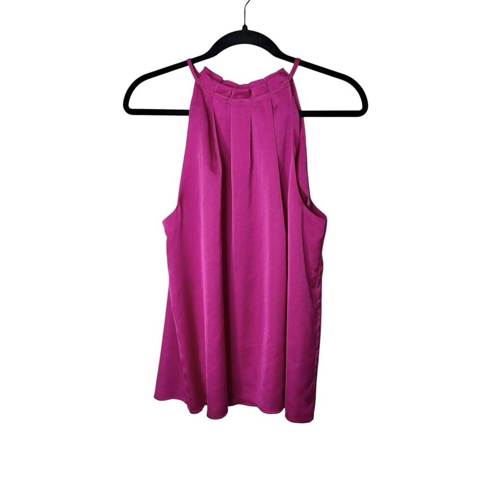 Ann Taylor Top Fuchsia Satin Sleeveless Pleated Neck Blouse Women’s Size Large